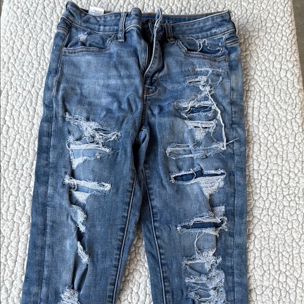 American Eagle Blue Skinny Jeans with Distressed Details